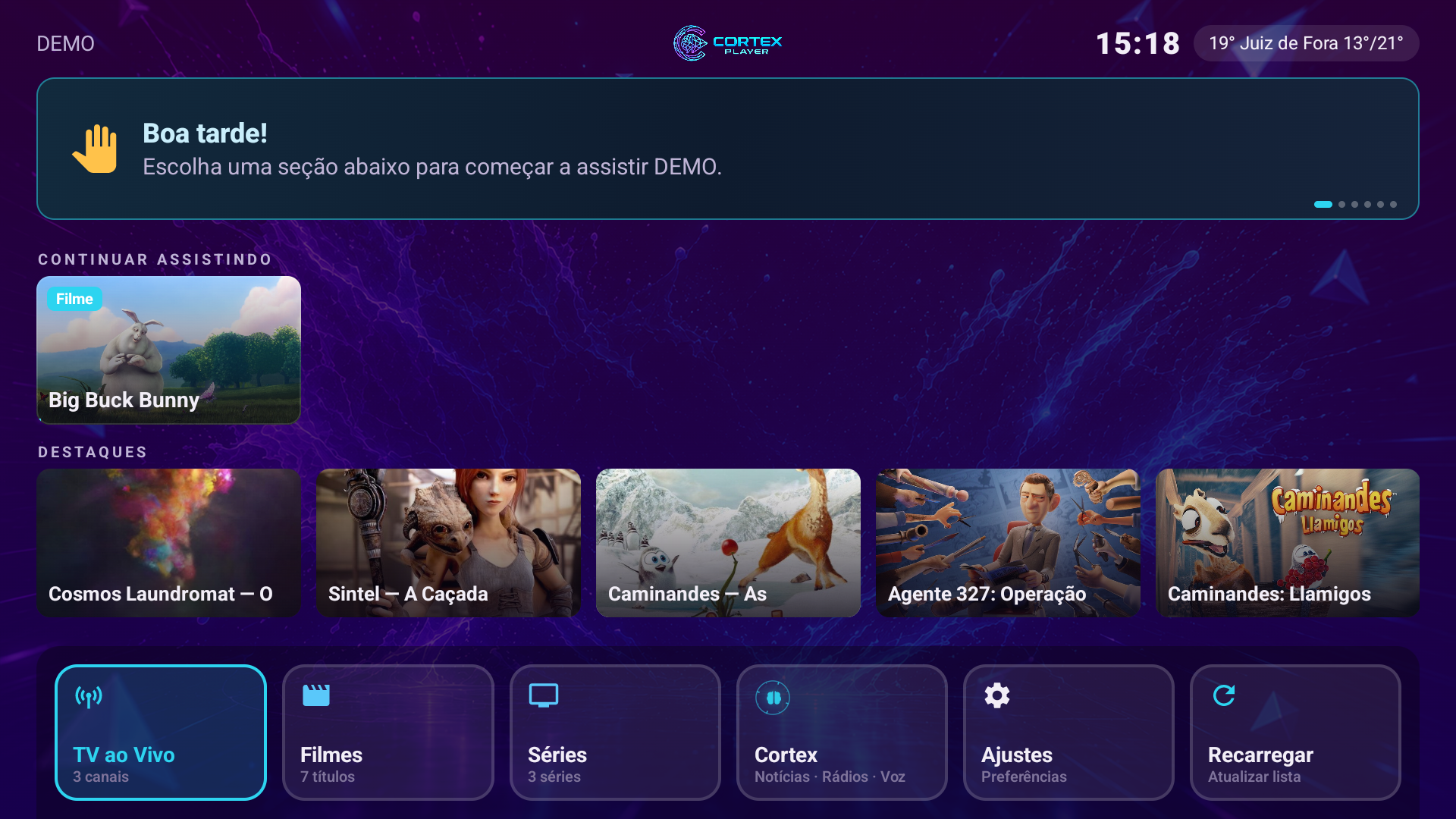 Home do Cortex Player com a sua lista organizada