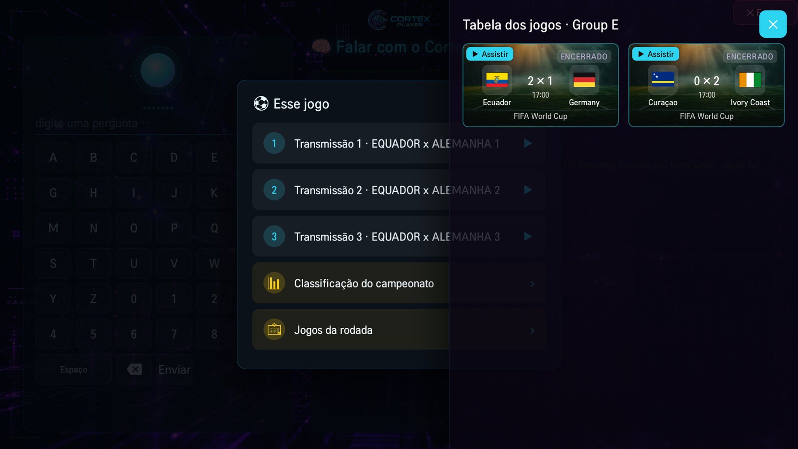 Cortex Futebol — multi-canal e tabela